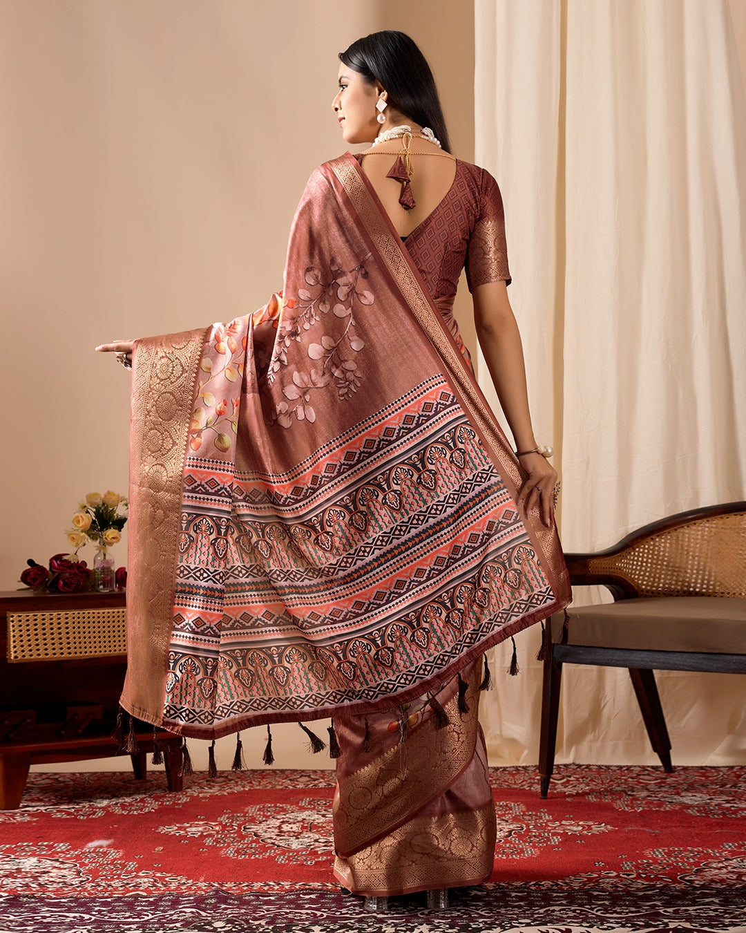 Women's Soft Lichi Silk Saree in Dusty Rose with Patola-Inspired Motifs and Woven Border