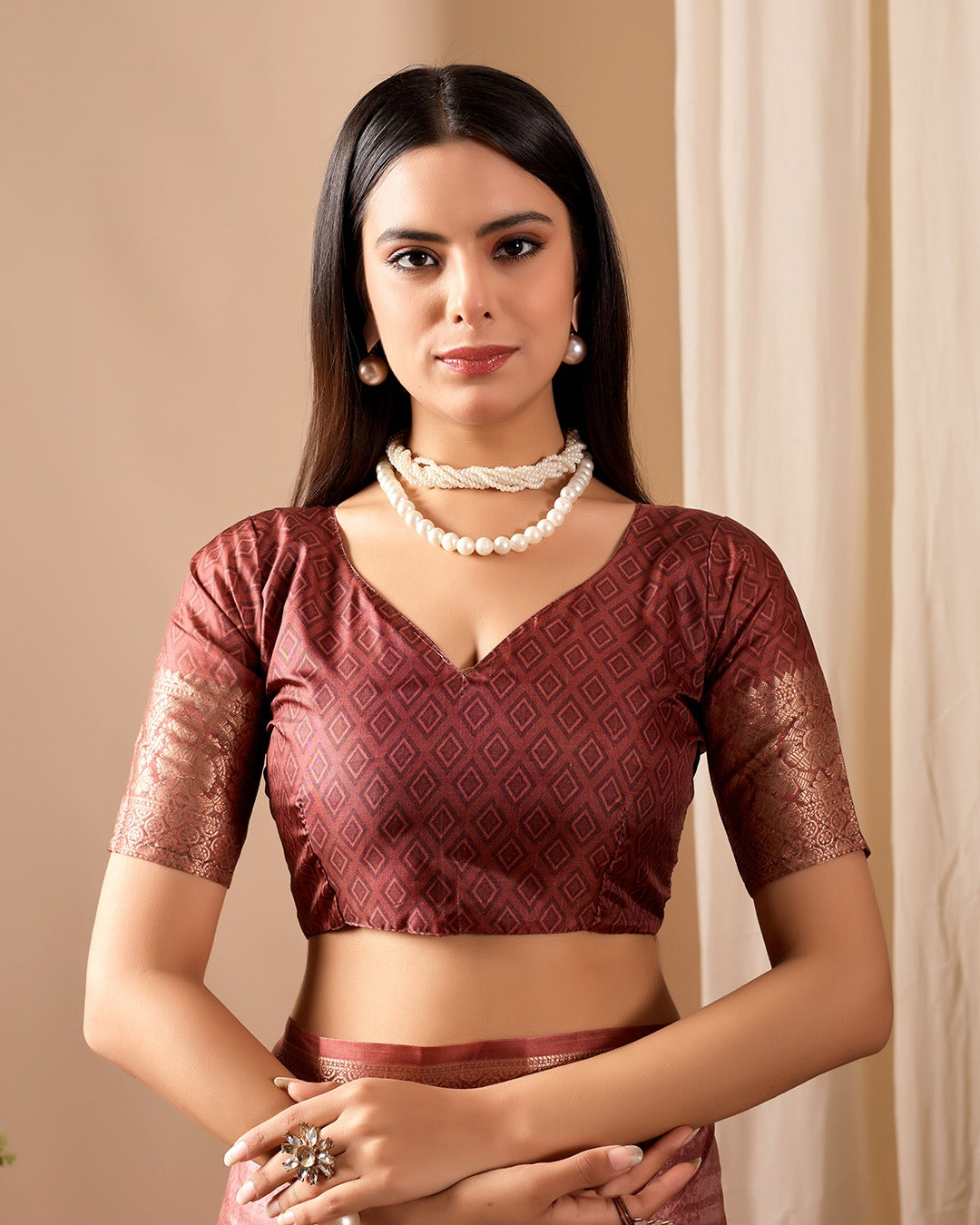 Women's Soft Lichi Silk Saree in Dusty Rose with Patola-Inspired Motifs and Woven Border