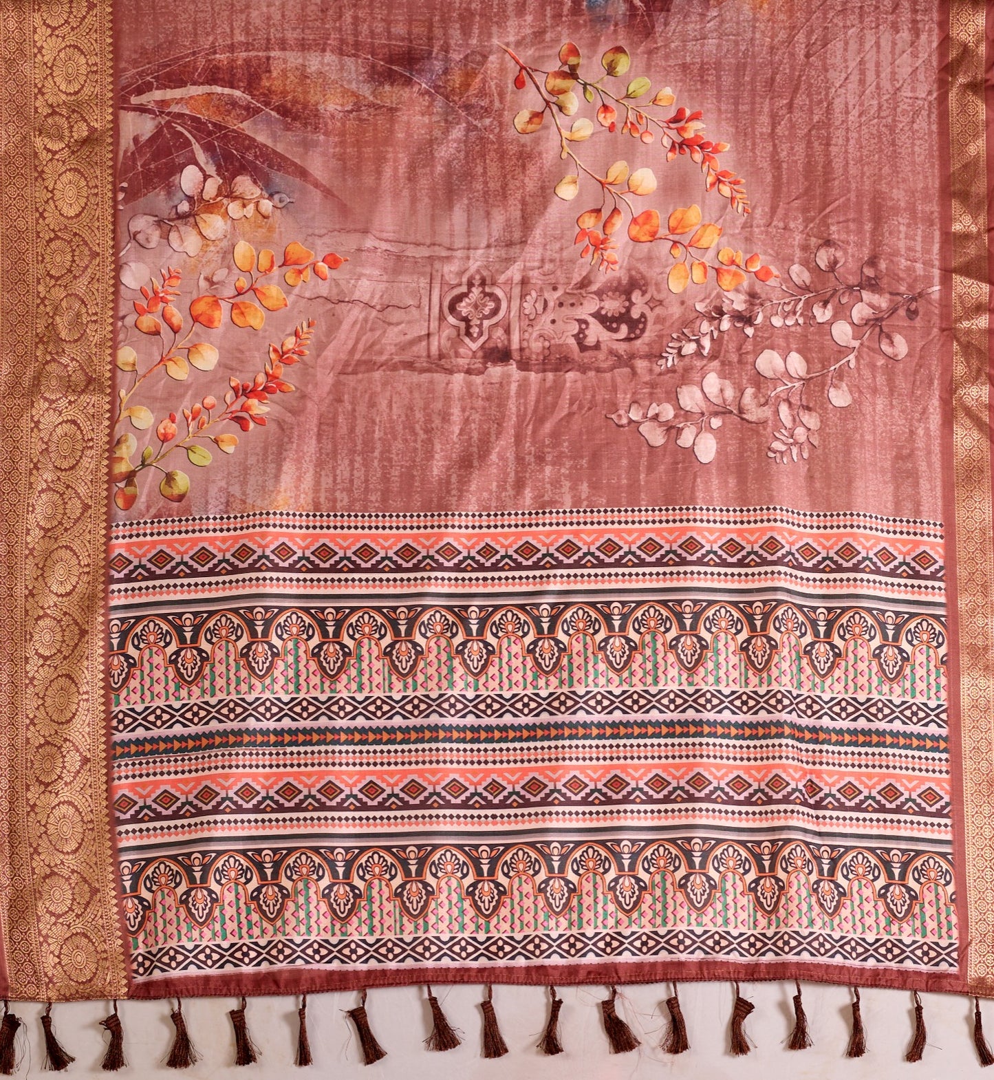 Women's Soft Lichi Silk Saree in Dusty Rose with Patola-Inspired Motifs and Woven Border