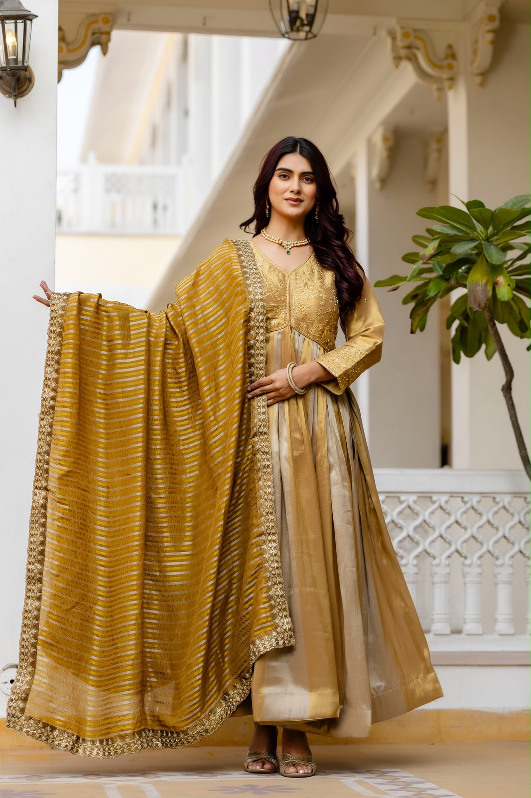 Women's Anarkali Gown in Gold Viscose Banarasi Silk with Heavy Embroidery