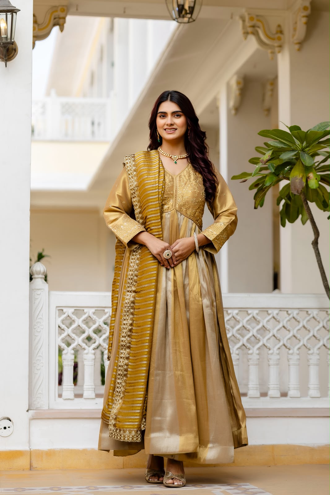Women's Anarkali Gown in Gold Viscose Banarasi Silk with Heavy Embroidery
