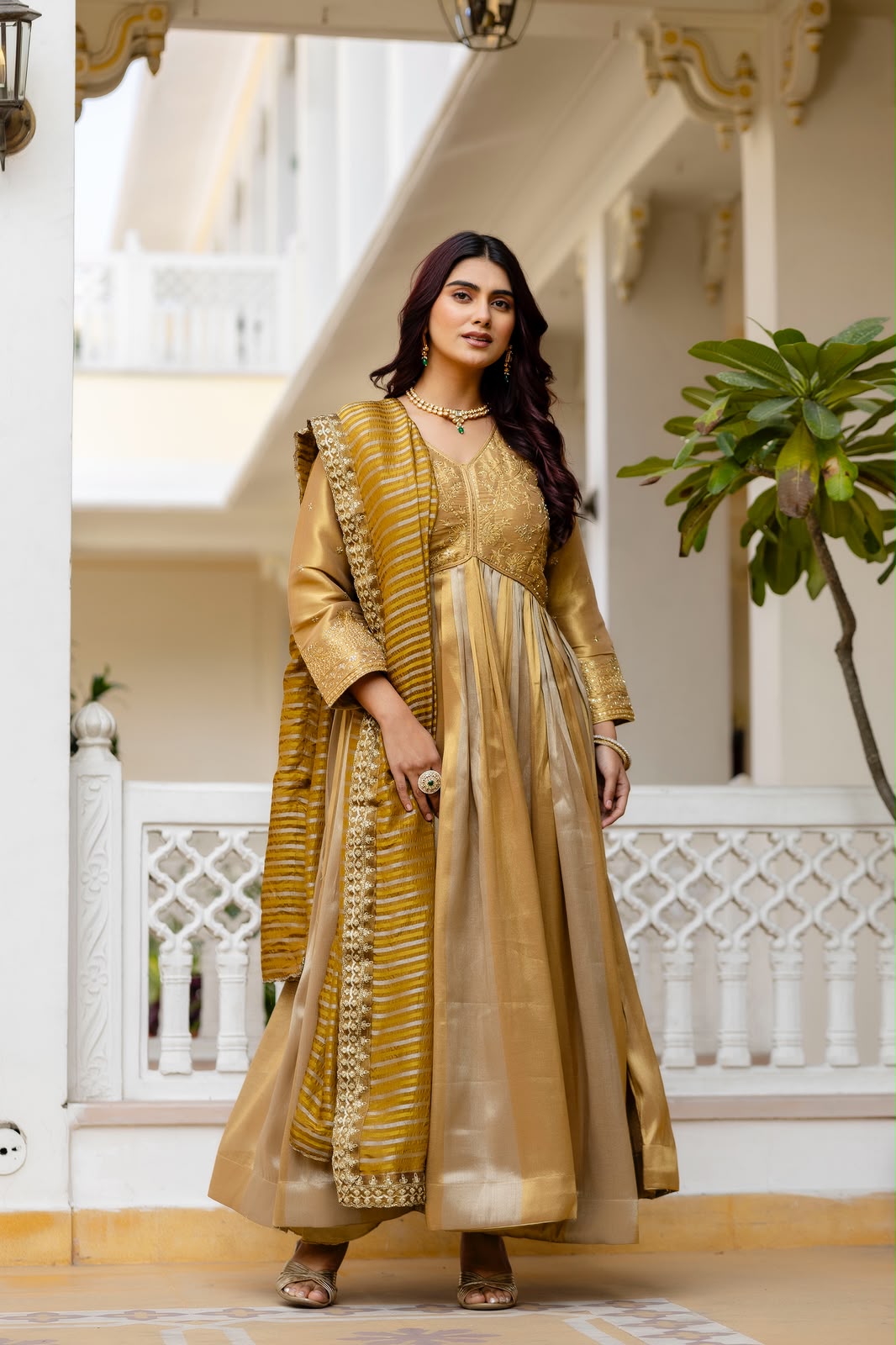 Women's Anarkali Gown in Gold Viscose Banarasi Silk with Heavy Embroidery
