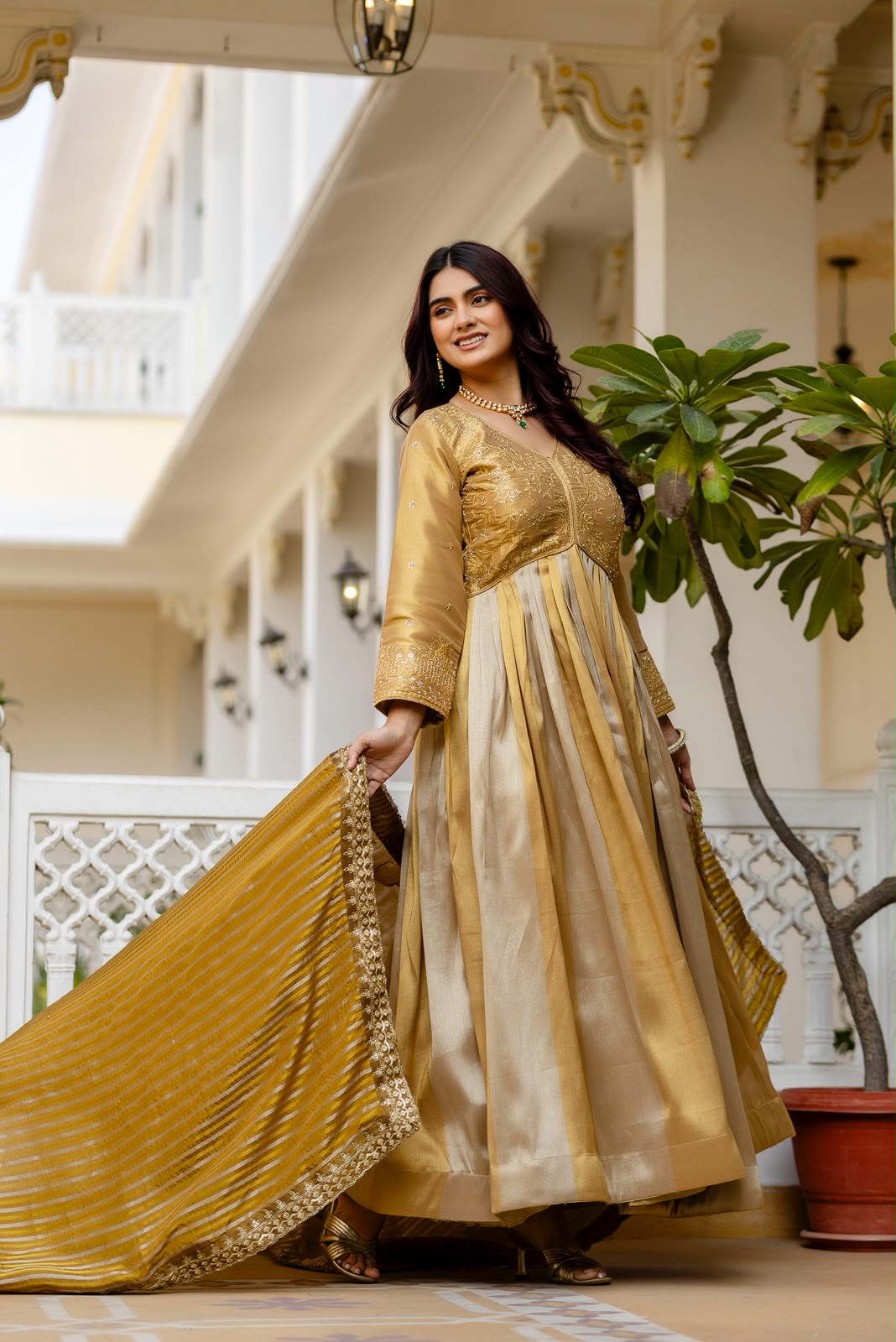 Women's Anarkali Gown in Gold Viscose Banarasi Silk with Heavy Embroidery