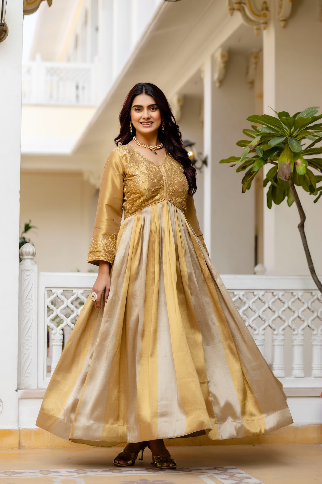 Women's Anarkali Gown in Gold Viscose Banarasi Silk with Heavy Embroidery