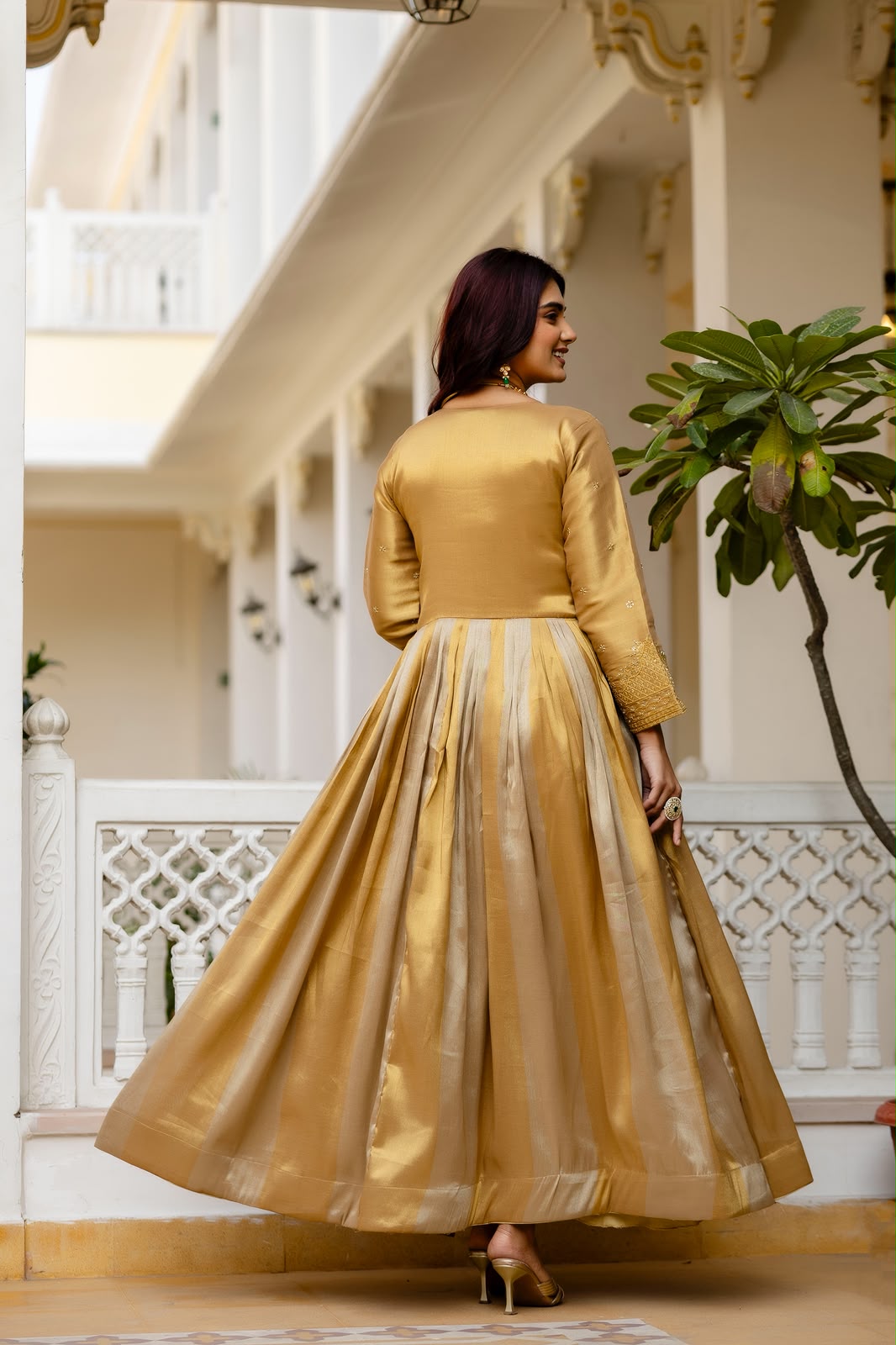 Women's Anarkali Gown in Gold Viscose Banarasi Silk with Heavy Embroidery