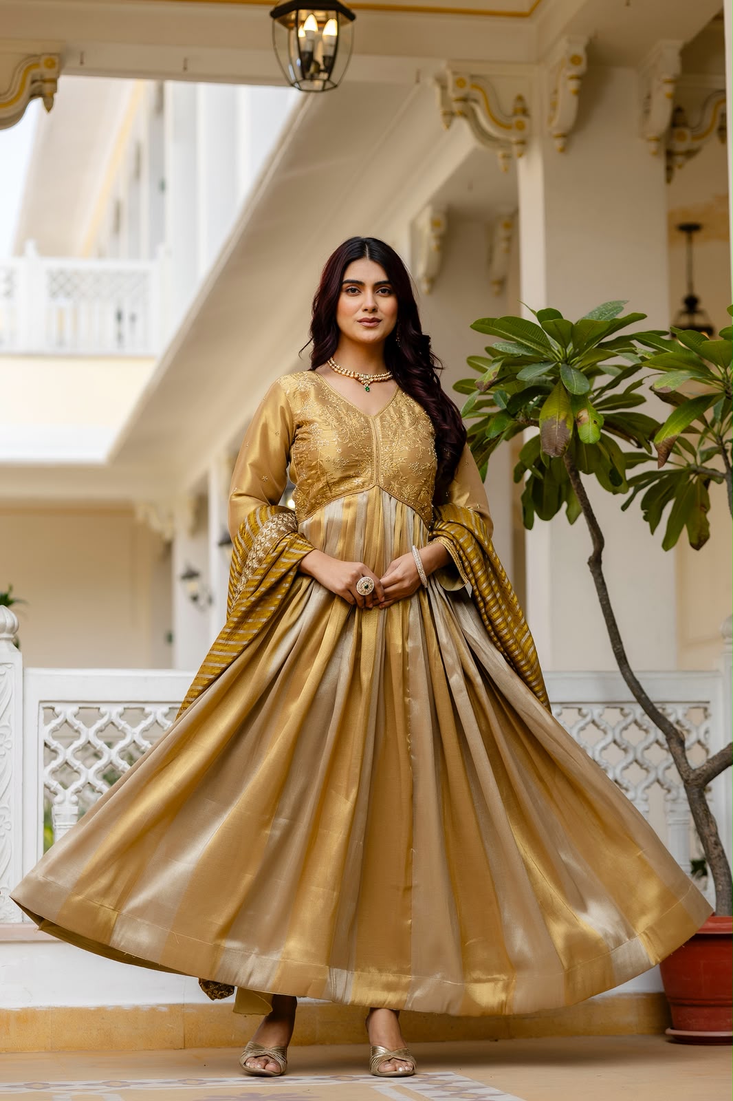 Women's Anarkali Gown in Gold Viscose Banarasi Silk with Heavy Embroidery