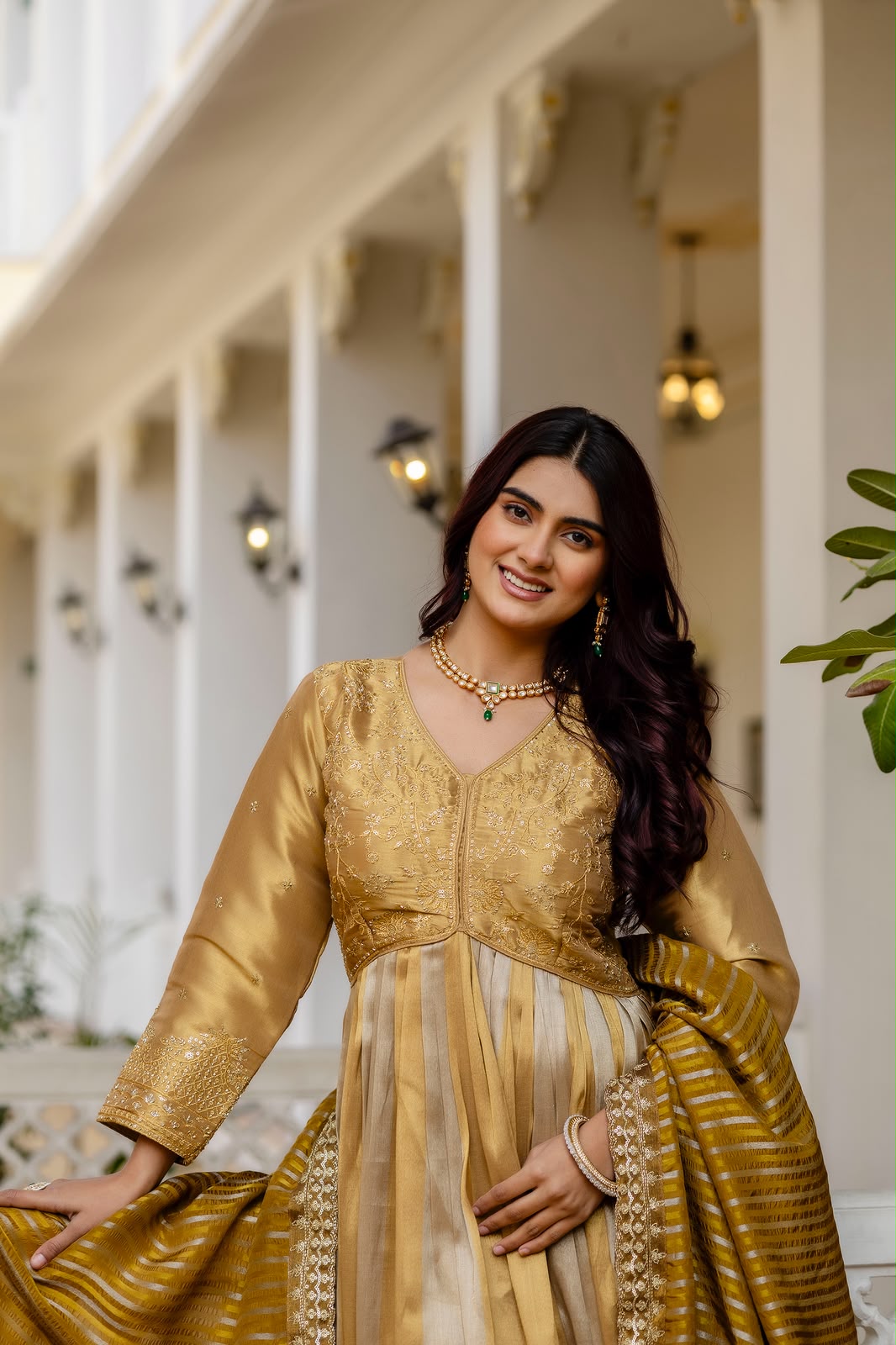 Women's Anarkali Gown in Gold Viscose Banarasi Silk with Heavy Embroidery