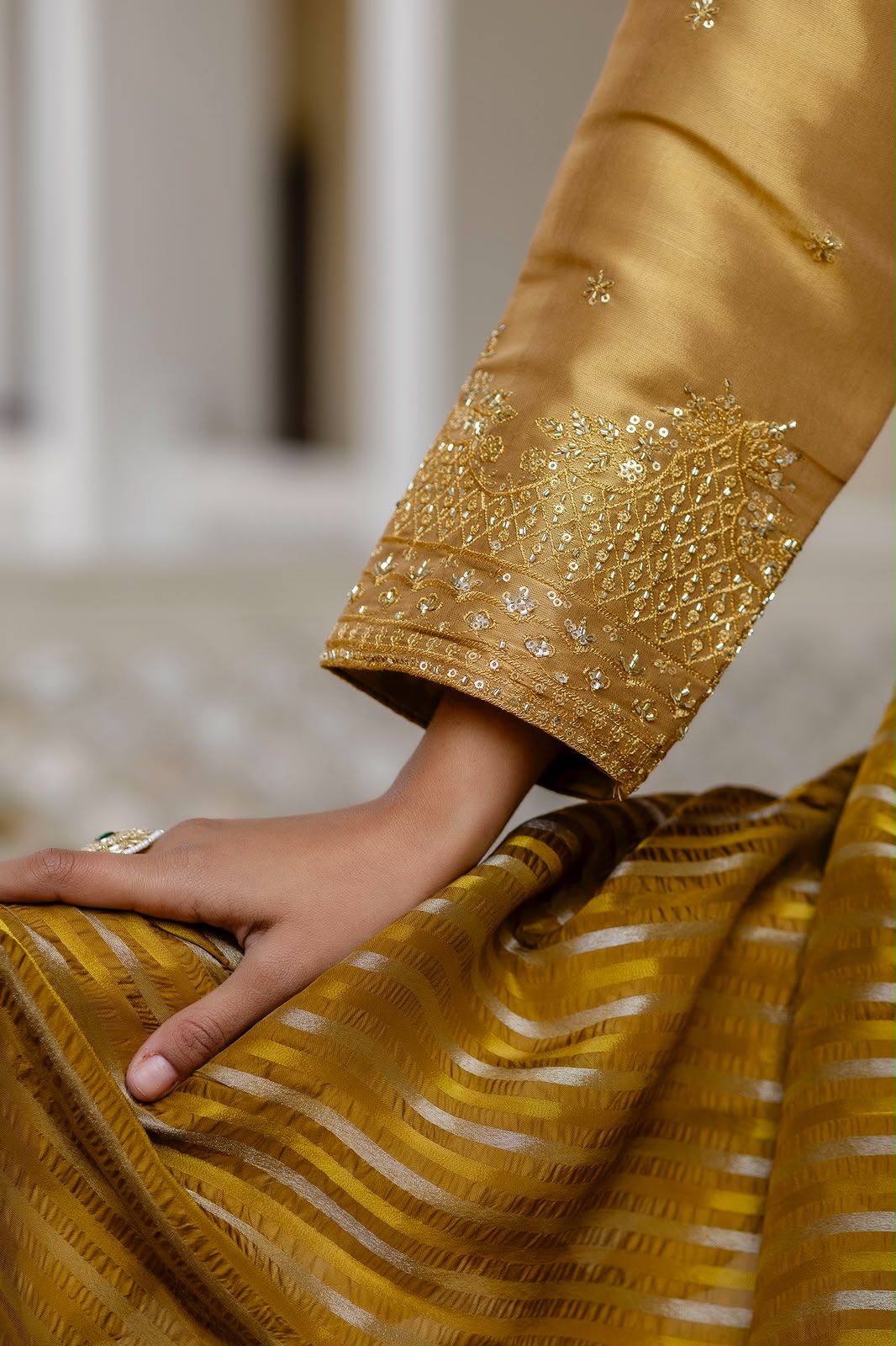 Women's Anarkali Gown in Gold Viscose Banarasi Silk with Heavy Embroidery