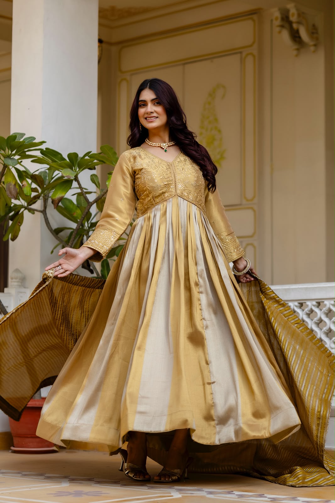 Women's Anarkali Gown in Gold Viscose Banarasi Silk with Heavy Embroidery