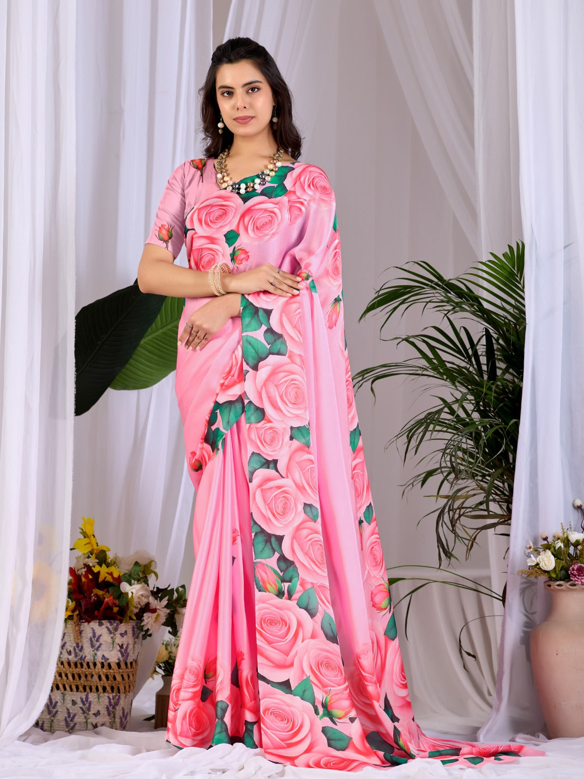 Women's Soft Satin Georgette Saree in Pink with Rose Floral Digital Print
