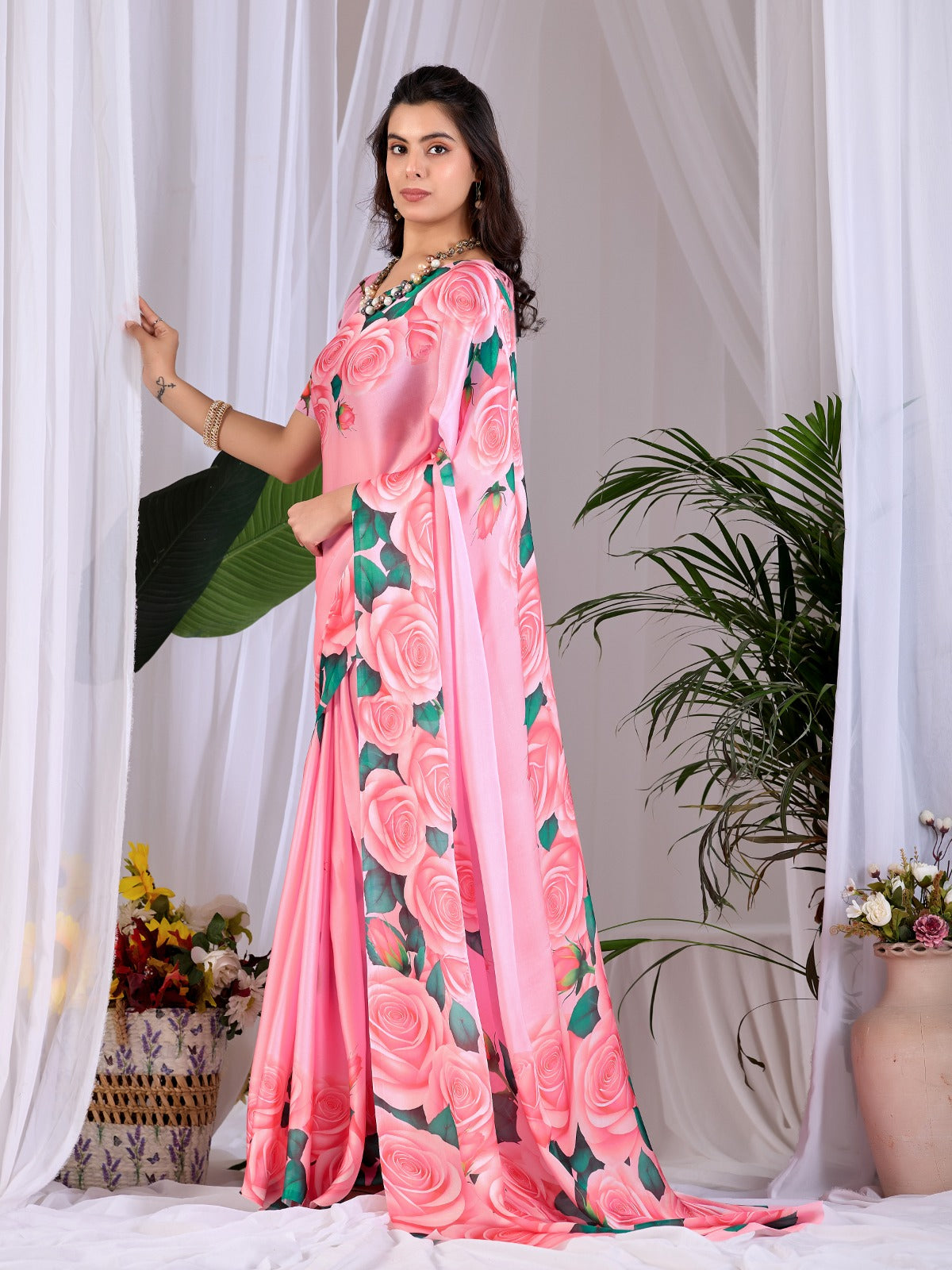 Women's Soft Satin Georgette Saree in Pink with Rose Floral Digital Print
