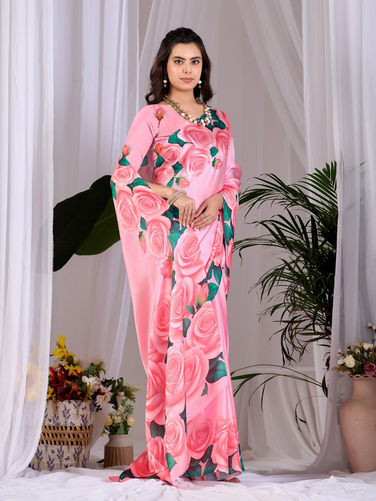 Women's Soft Satin Georgette Saree in Pink with Rose Floral Digital Print