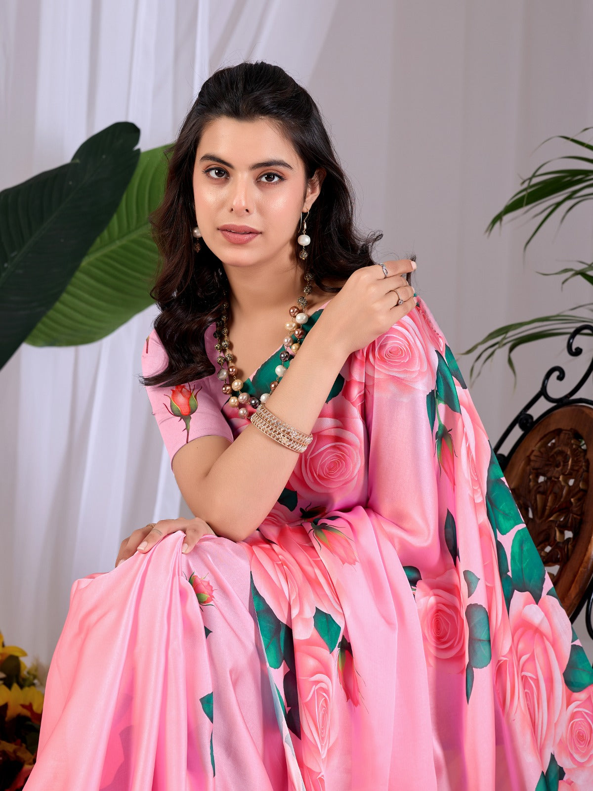 Women's Soft Satin Georgette Saree in Pink with Rose Floral Digital Print
