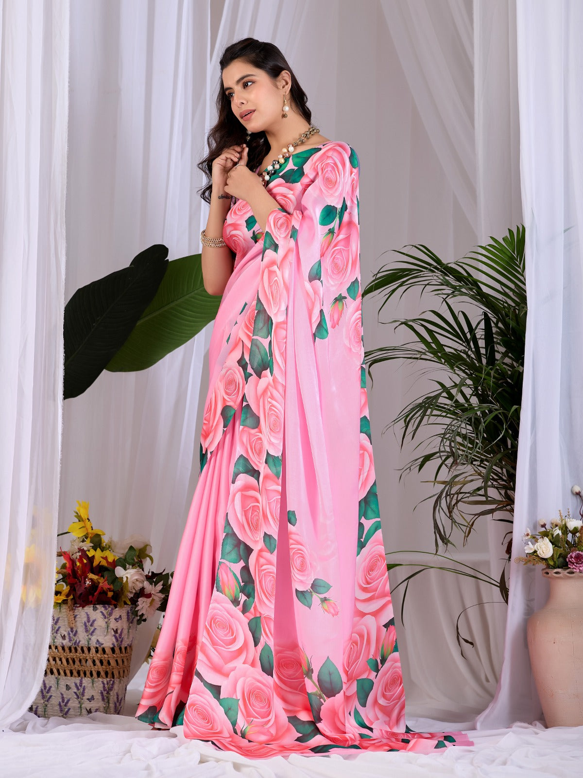 Women's Soft Satin Georgette Saree in Pink with Rose Floral Digital Print
