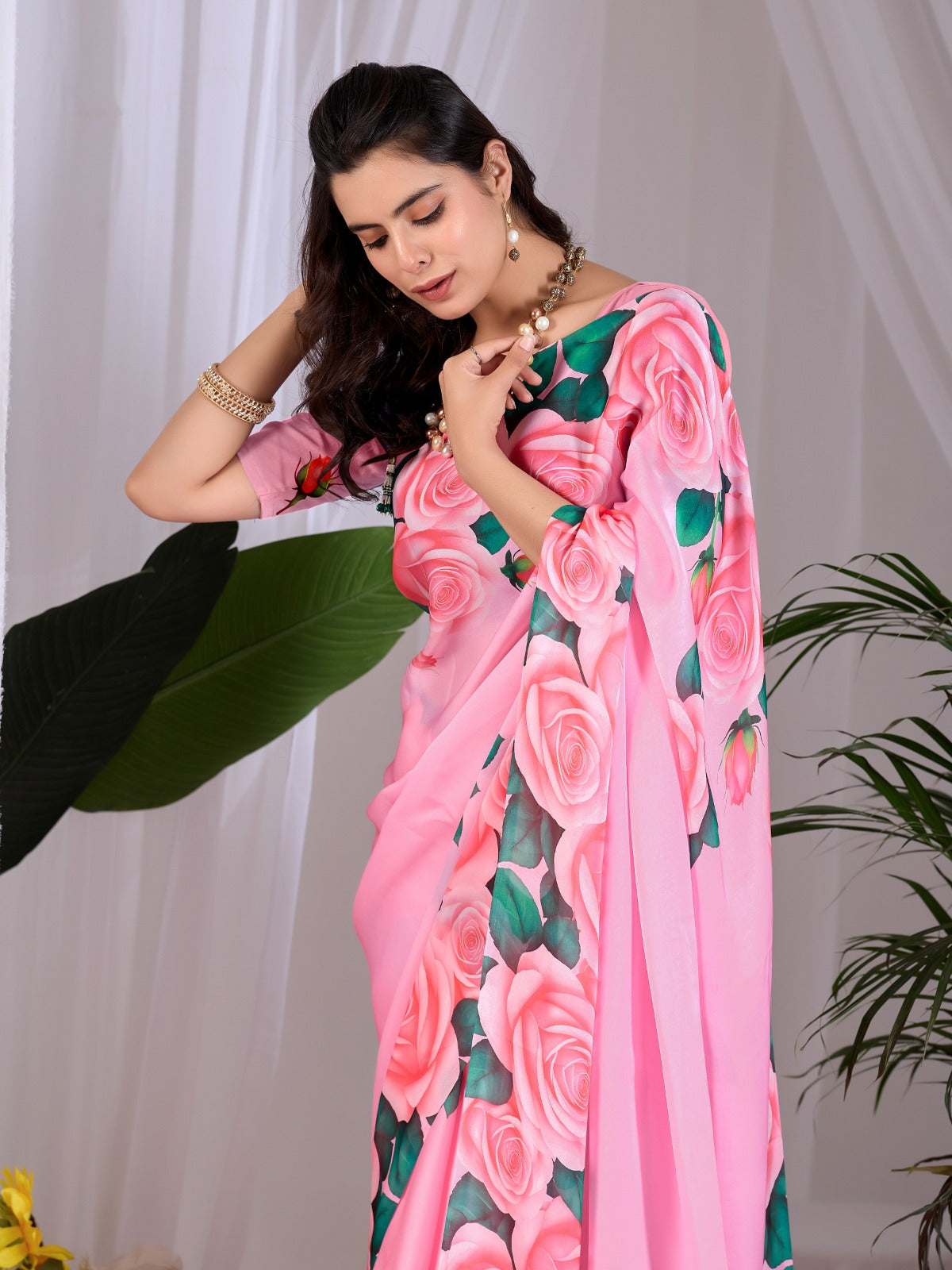 Women's Soft Satin Georgette Saree in Pink with Rose Floral Digital Print