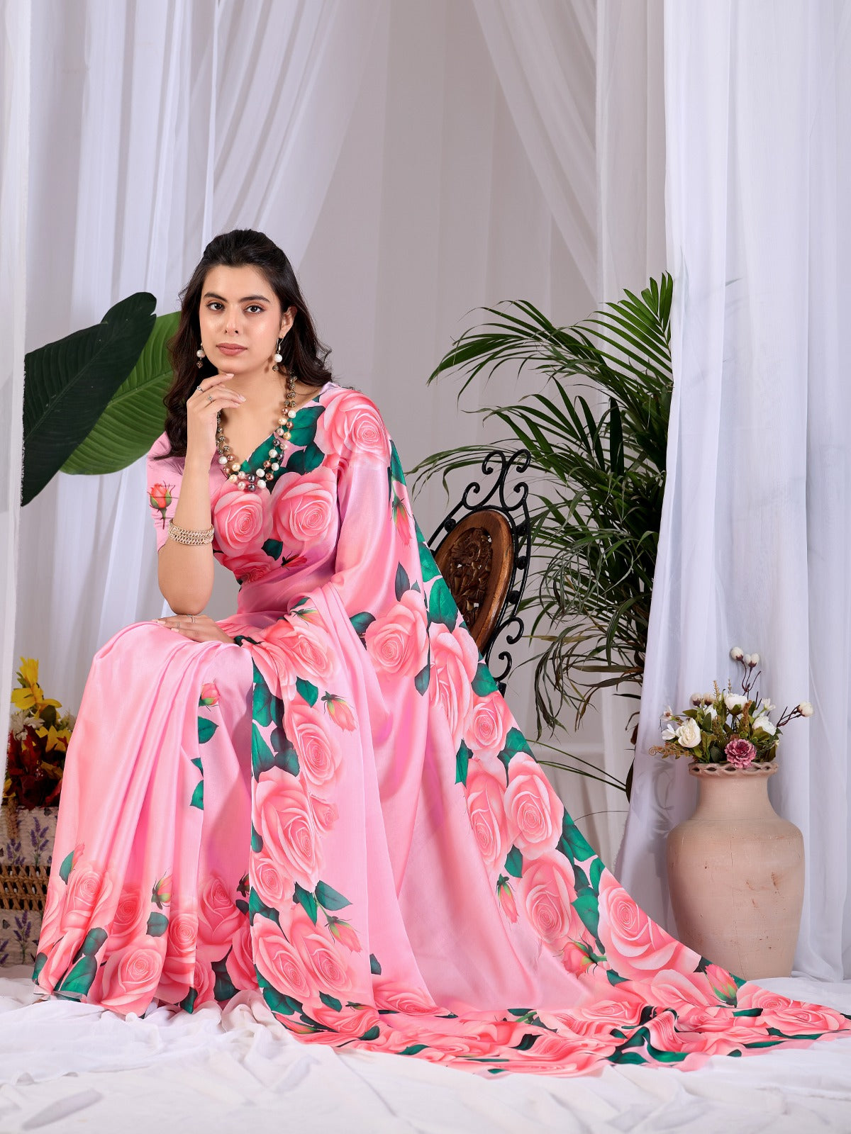 Women's Soft Satin Georgette Saree in Pink with Rose Floral Digital Print