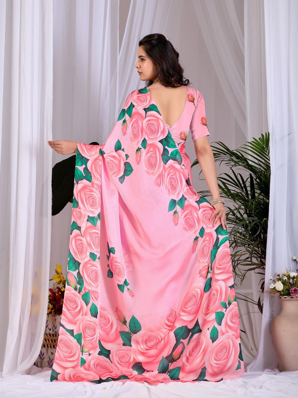 Women's Soft Satin Georgette Saree in Pink with Rose Floral Digital Print