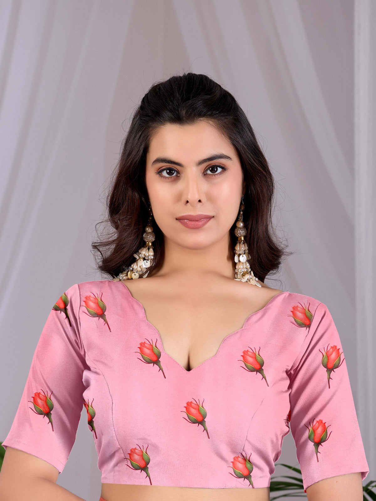 Women's Soft Satin Georgette Saree in Pink with Rose Floral Digital Print