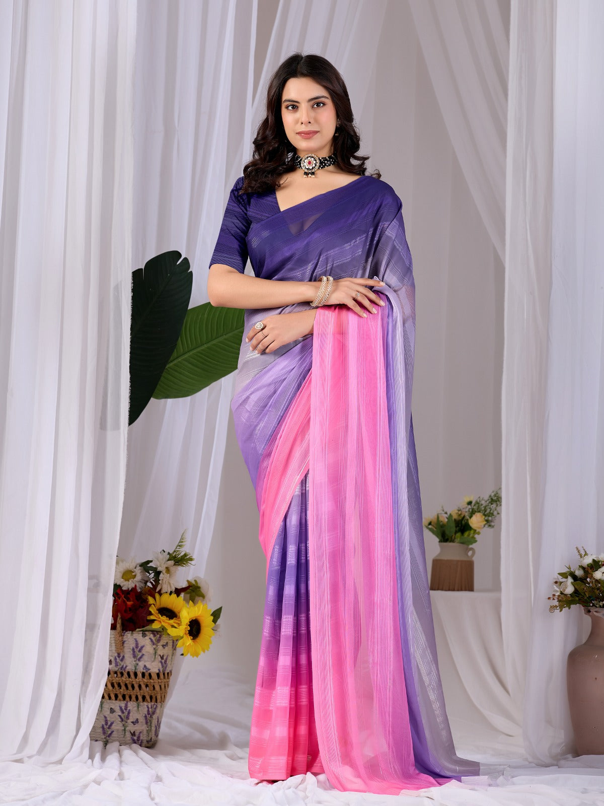 Women's Premium Monsoon Saree in Purple and Pink with Dual-Tone Finish