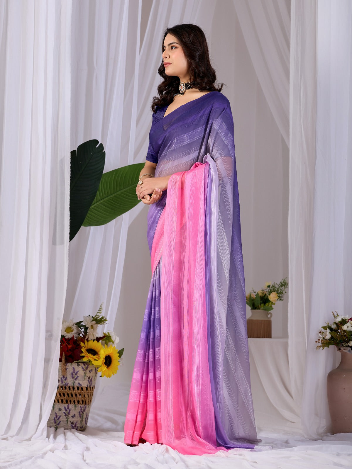 Women's Premium Monsoon Saree in Purple and Pink with Dual-Tone Finish