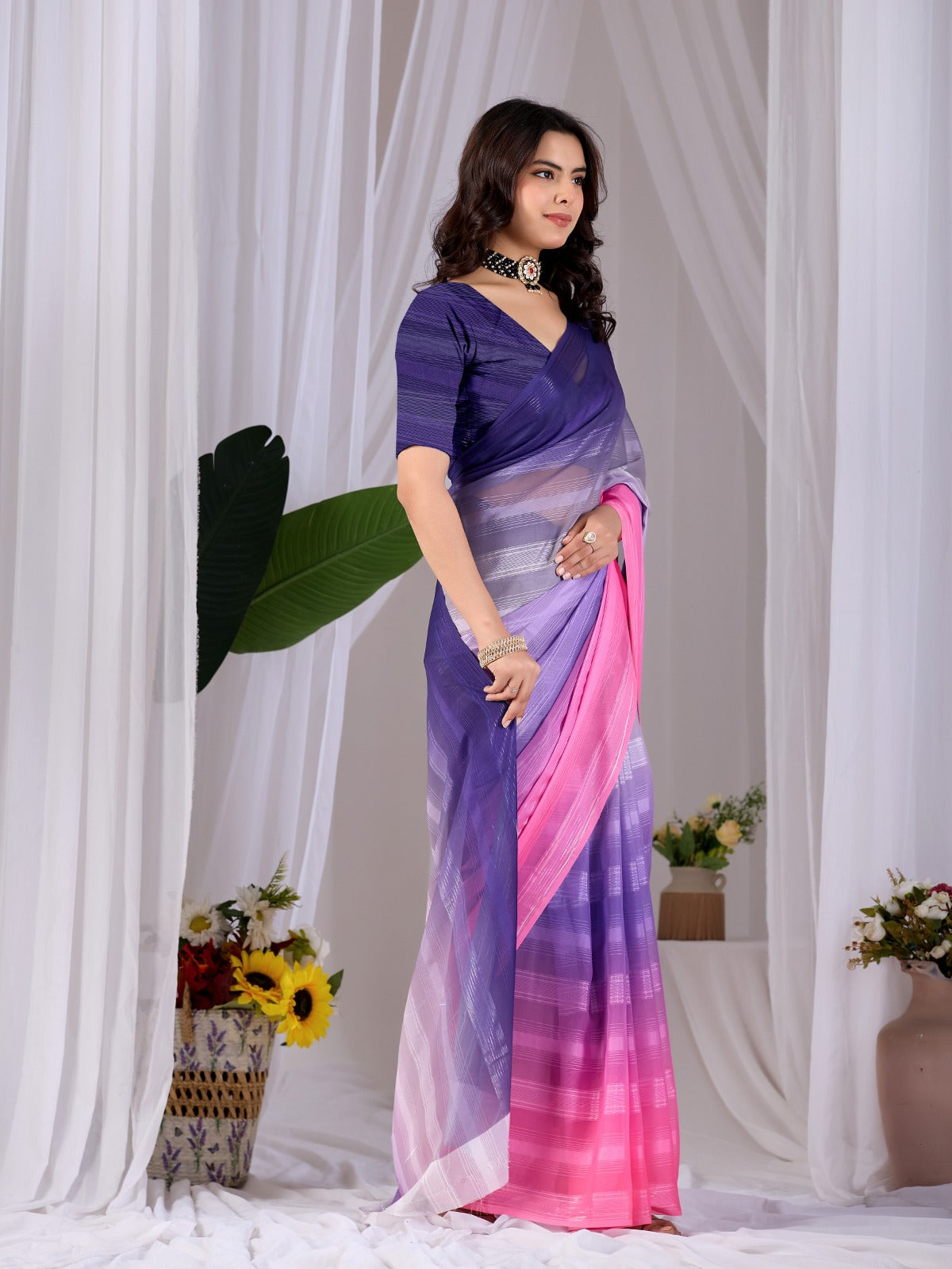 Women's Premium Monsoon Saree in Purple and Pink with Dual-Tone Finish