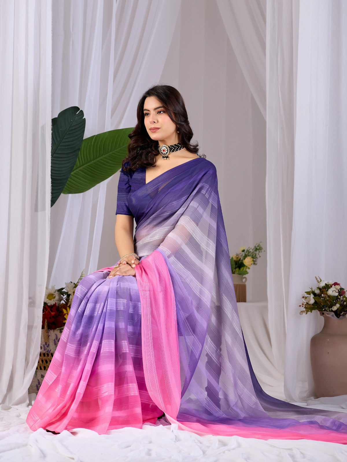 Women's Premium Monsoon Saree in Purple and Pink with Dual-Tone Finish