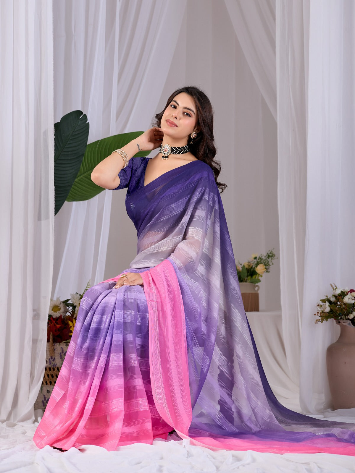 Women's Premium Monsoon Saree in Purple and Pink with Dual-Tone Finish