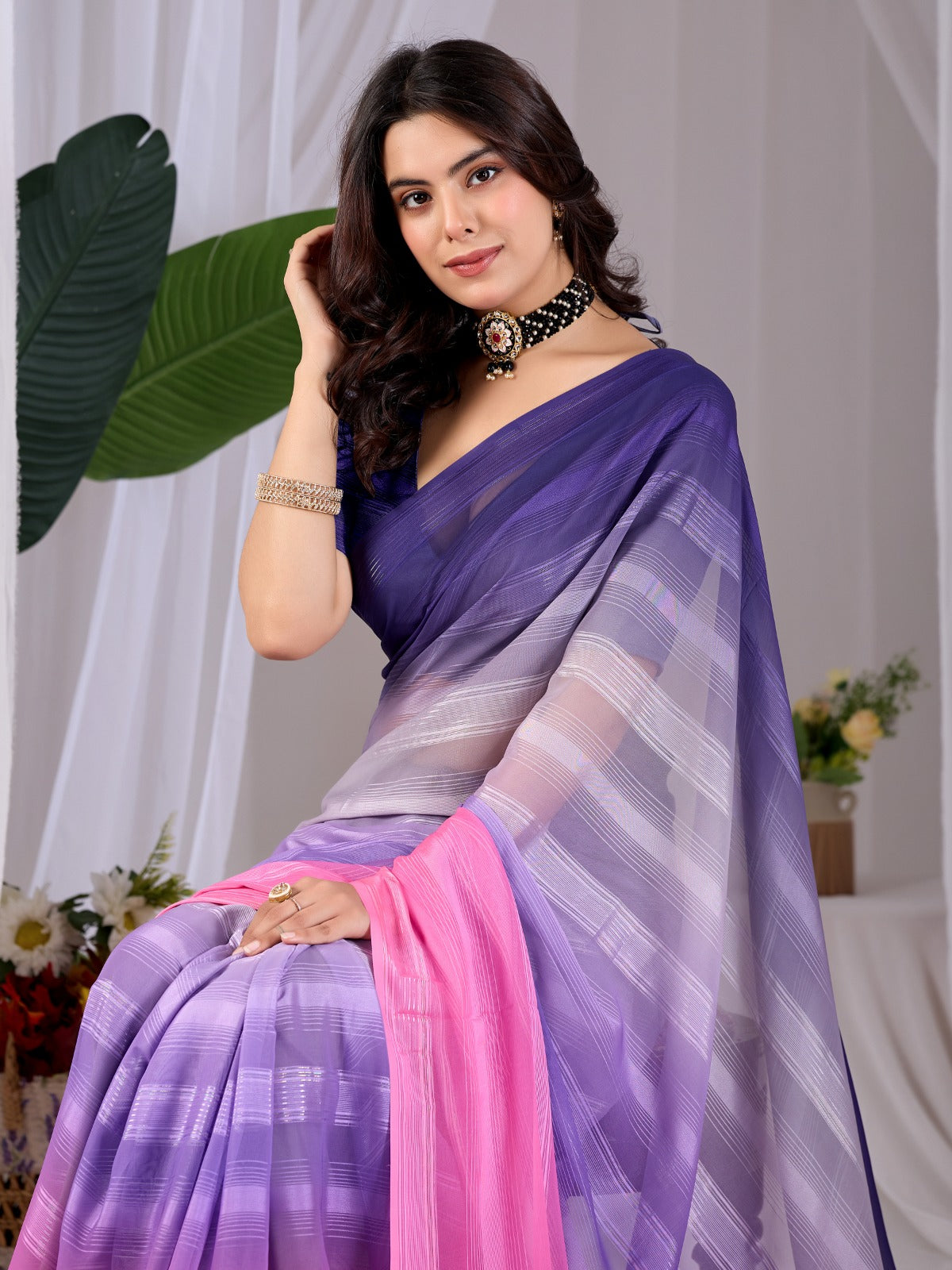 Women's Premium Monsoon Saree in Purple and Pink with Dual-Tone Finish