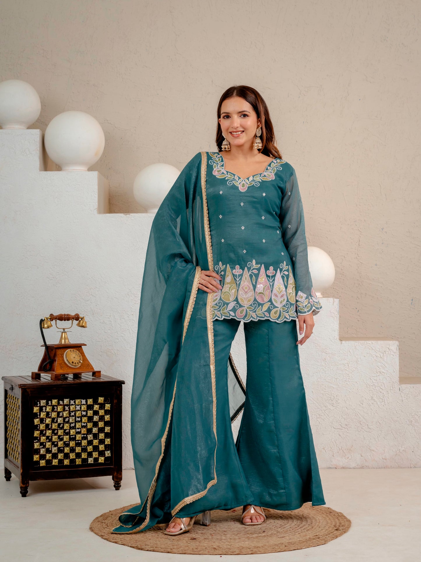 Women's Party Wear Kurta Set in Teal Heavy Crunchy Silk with Sequin Embroidery