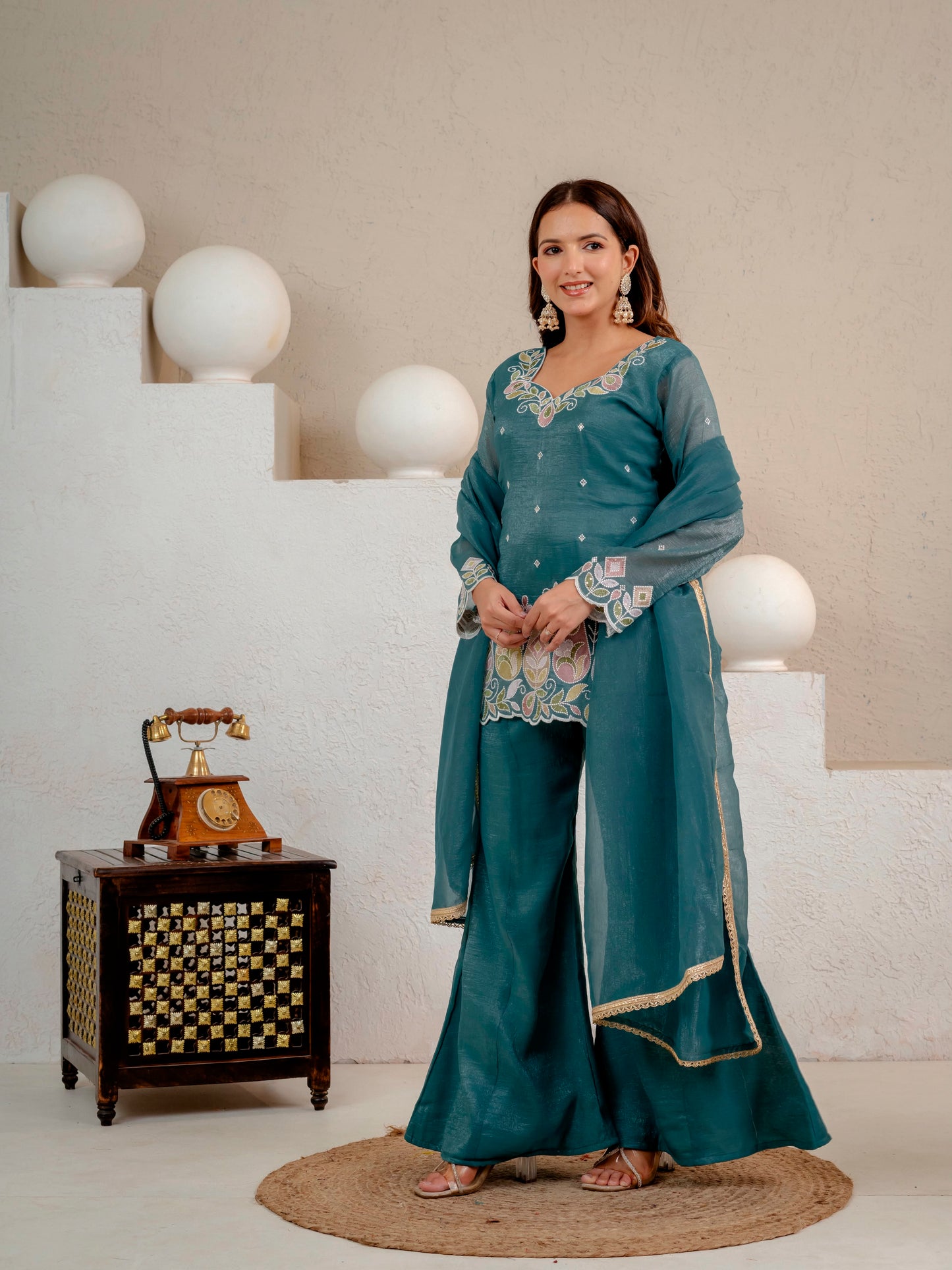 Women's Party Wear Kurta Set in Teal Heavy Crunchy Silk with Sequin Embroidery