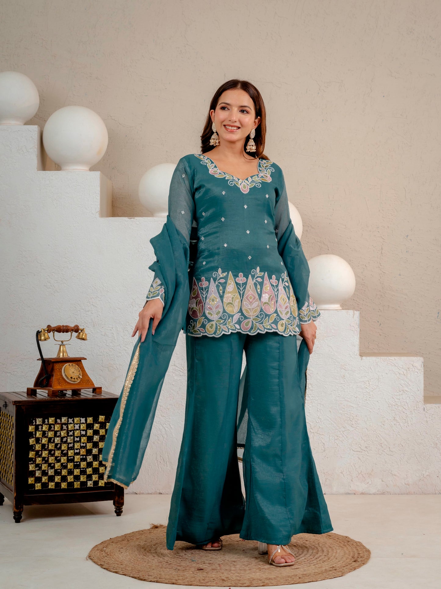 Women's Party Wear Kurta Set in Teal Heavy Crunchy Silk with Sequin Embroidery