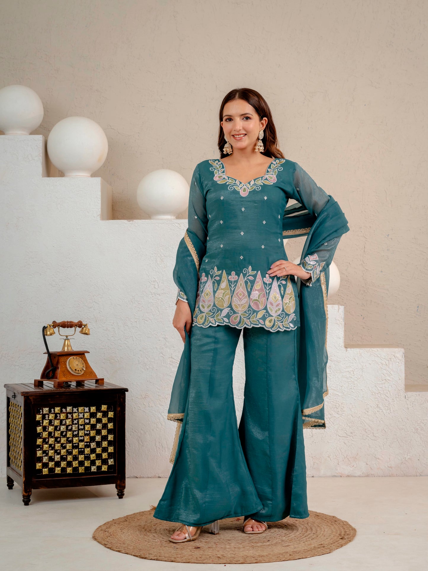 Women's Party Wear Kurta Set in Teal Heavy Crunchy Silk with Sequin Embroidery
