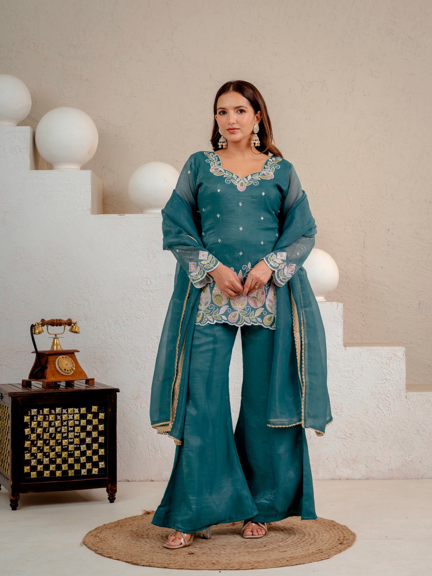 Women's Party Wear Kurta Set in Teal Heavy Crunchy Silk with Sequin Embroidery