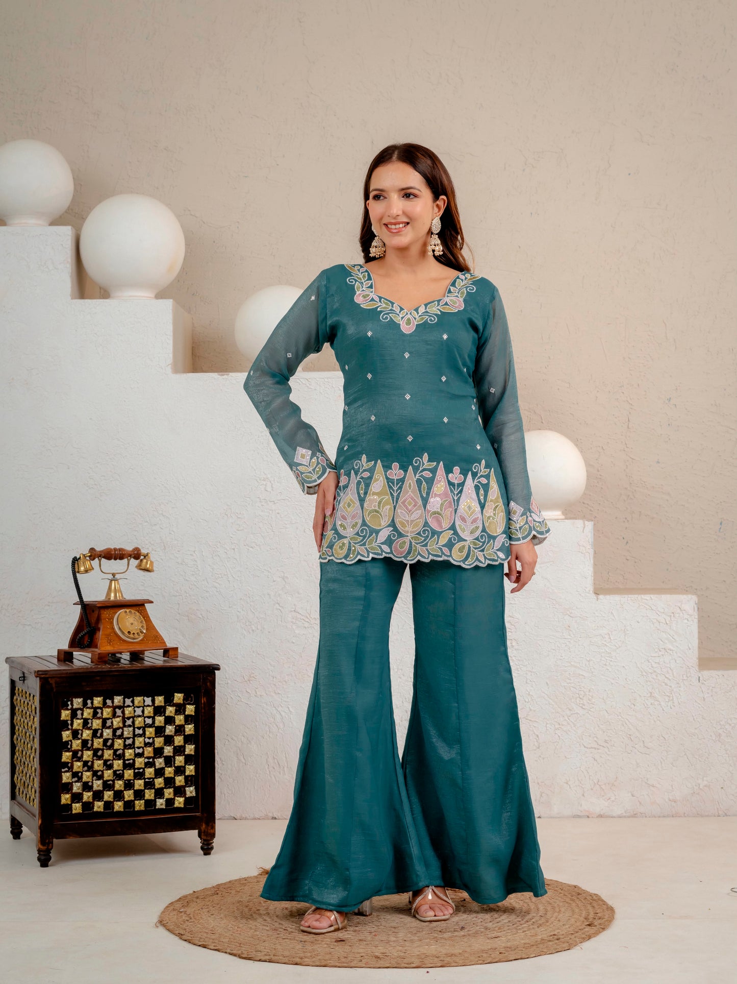 Women's Party Wear Kurta Set in Teal Heavy Crunchy Silk with Sequin Embroidery