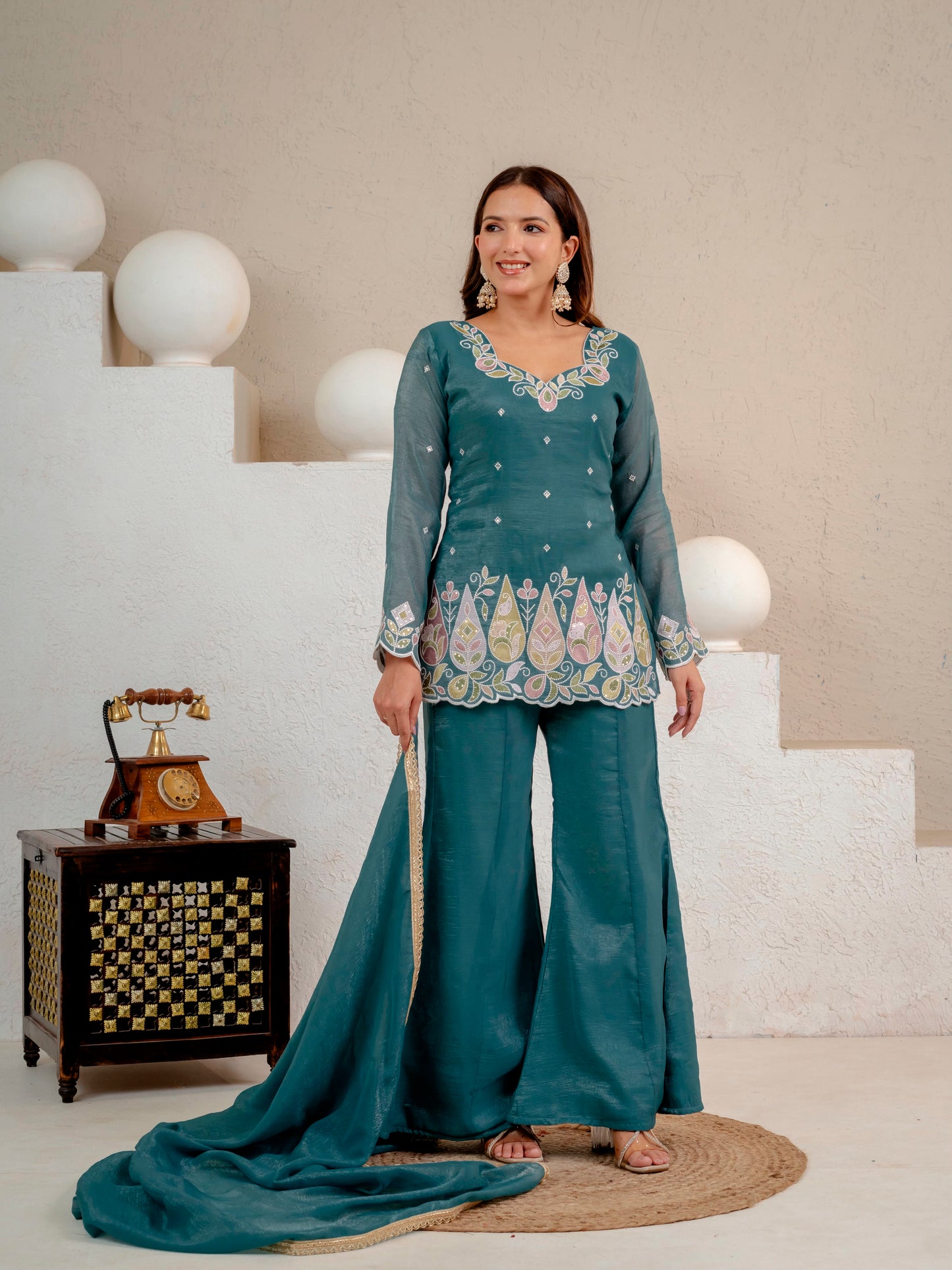 Women's Party Wear Kurta Set in Teal Heavy Crunchy Silk with Sequin Embroidery