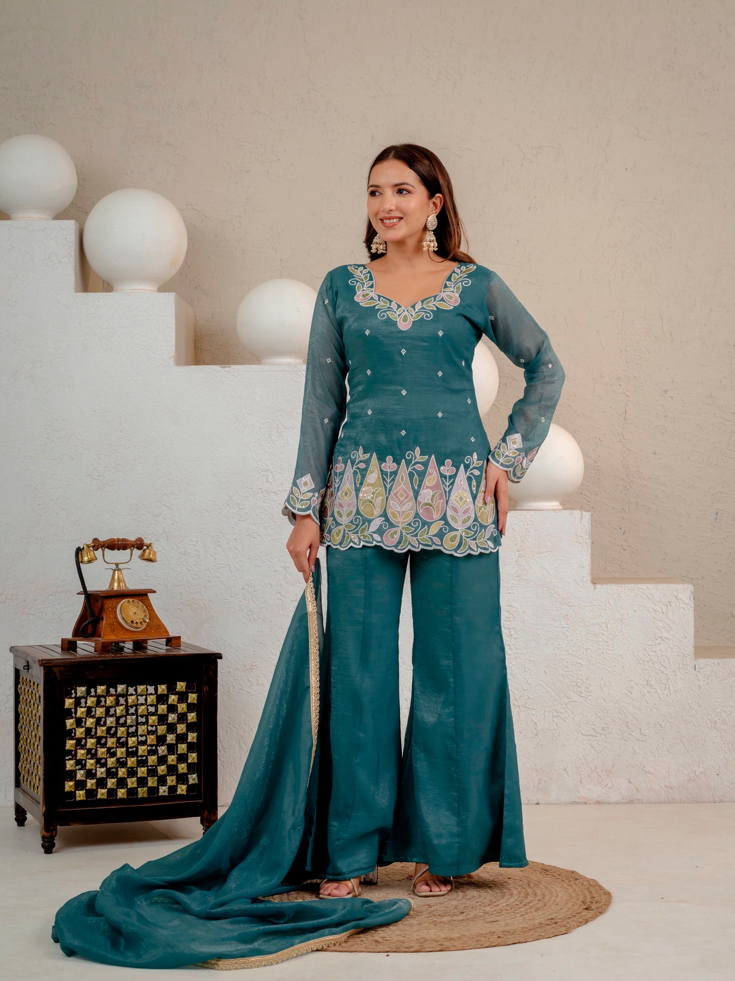 Women's Party Wear Kurta Set in Teal Heavy Crunchy Silk with Sequin Embroidery