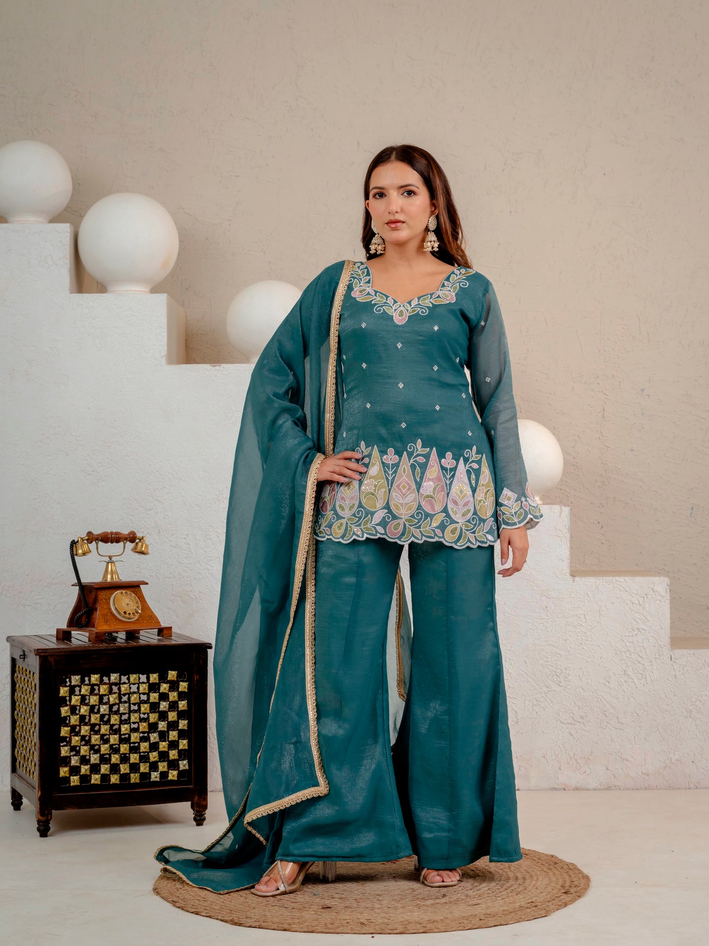 Women's Party Wear Kurta Set in Teal Heavy Crunchy Silk with Sequin Embroidery