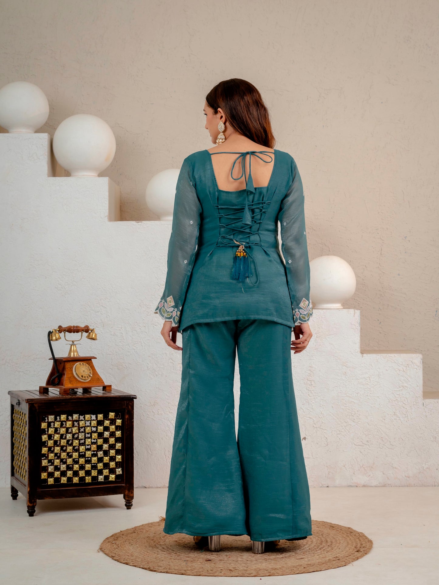 Women's Party Wear Kurta Set in Teal Heavy Crunchy Silk with Sequin Embroidery