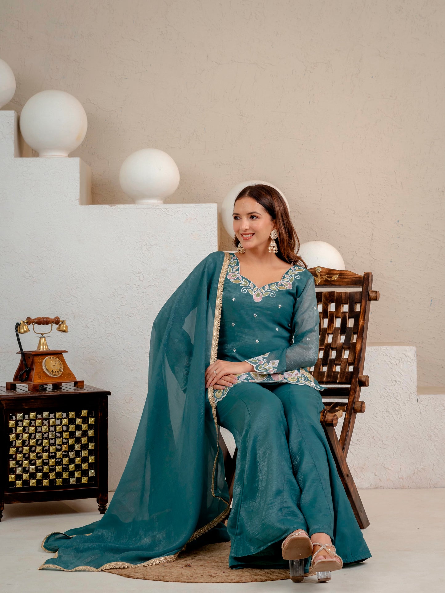 Women's Party Wear Kurta Set in Teal Heavy Crunchy Silk with Sequin Embroidery