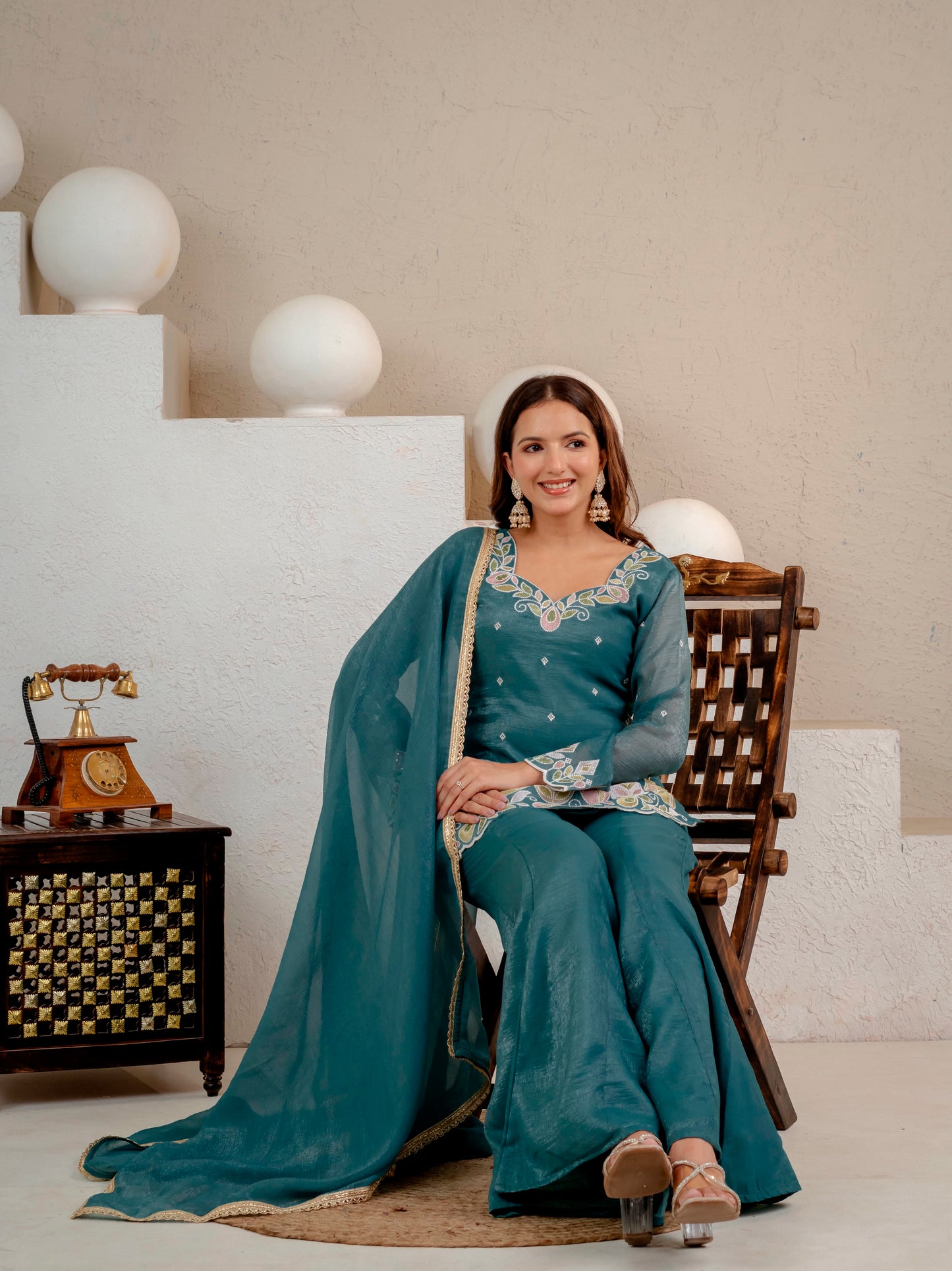 Women's Party Wear Kurta Set in Teal Heavy Crunchy Silk with Sequin Embroidery