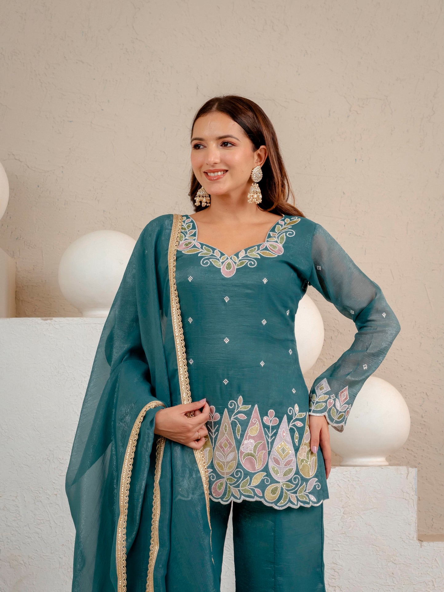 Women's Party Wear Kurta Set in Teal Heavy Crunchy Silk with Sequin Embroidery