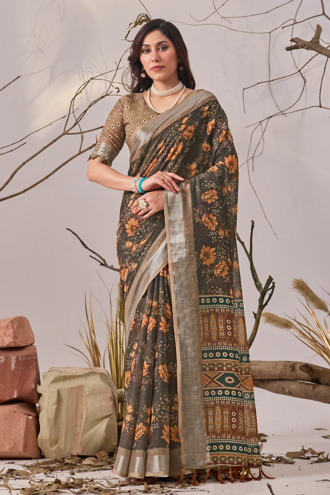 Women's Linen Cotton Saree in Olive Brown with Floral Digital Print