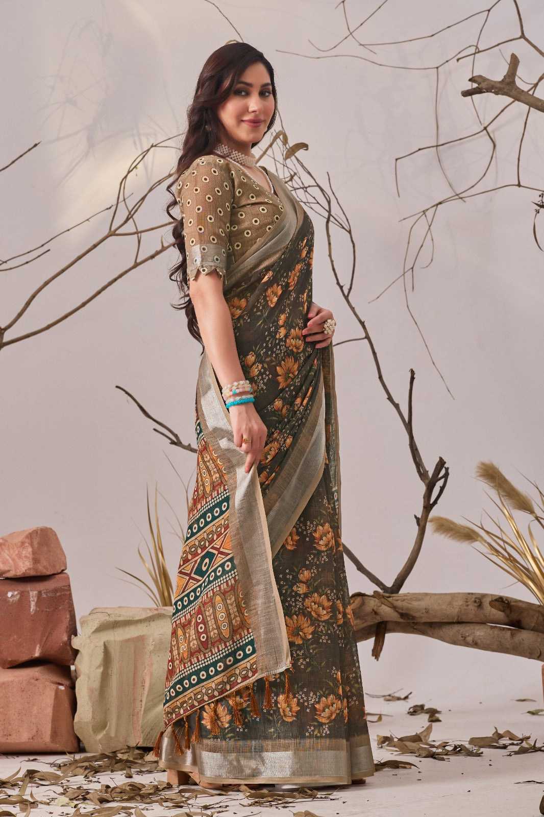 Women's Linen Cotton Saree in Olive Brown with Floral Digital Print