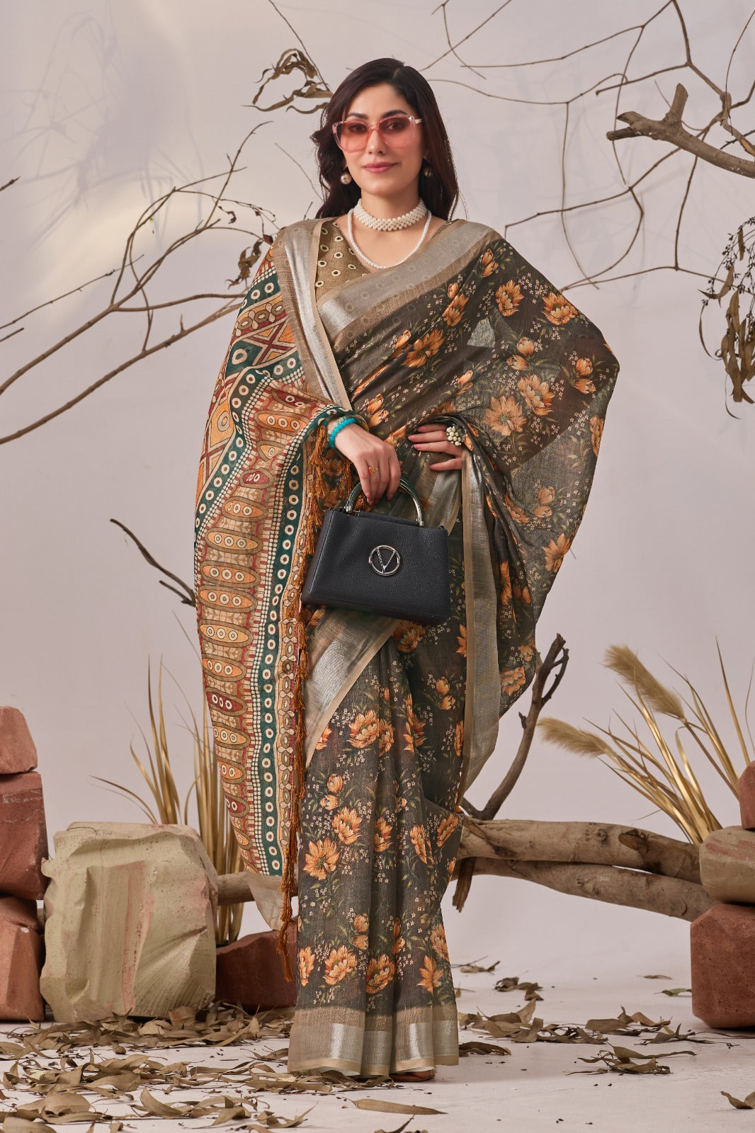 Women's Linen Cotton Saree in Olive Brown with Floral Digital Print