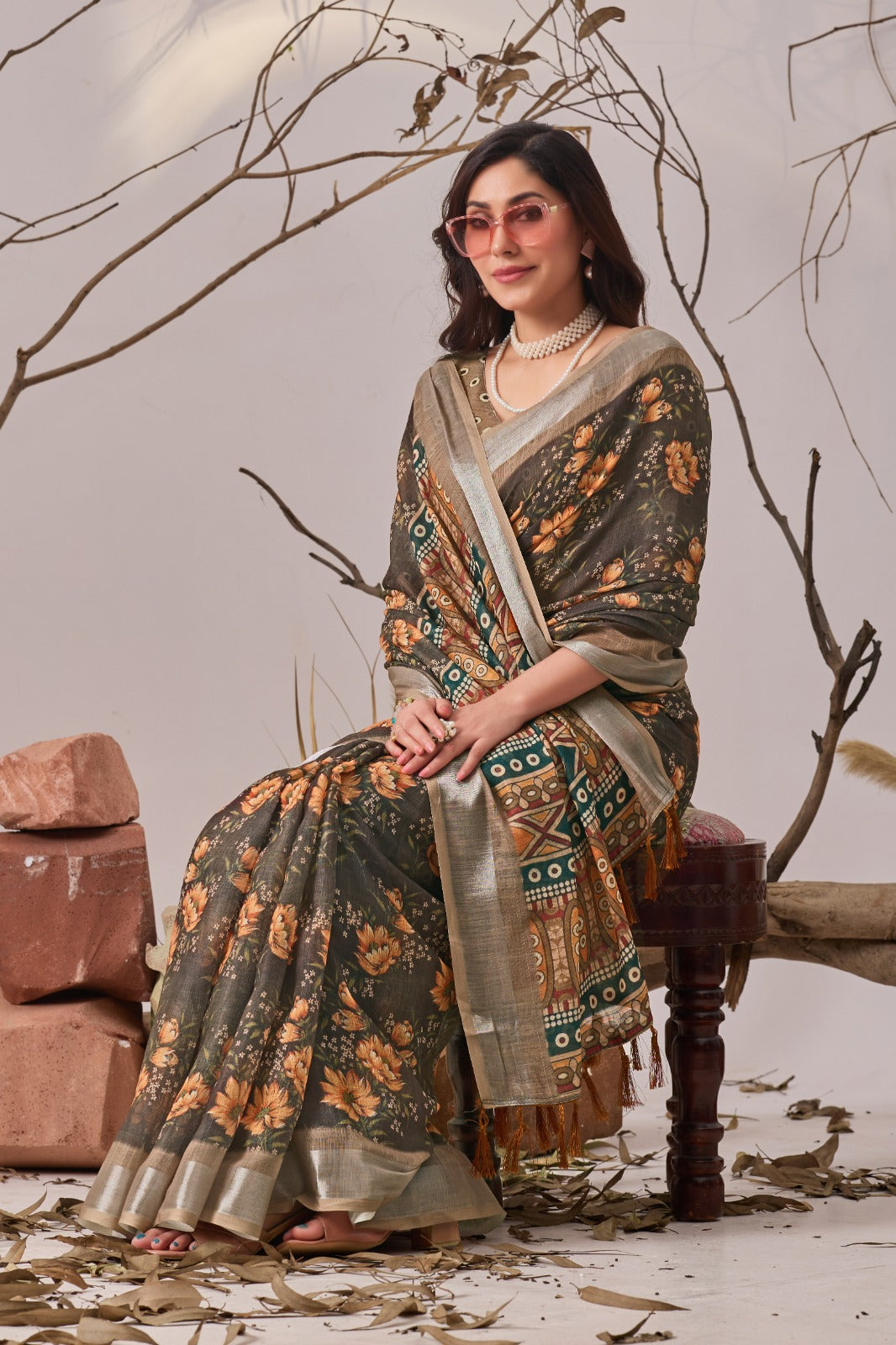 Women's Linen Cotton Saree in Olive Brown with Floral Digital Print