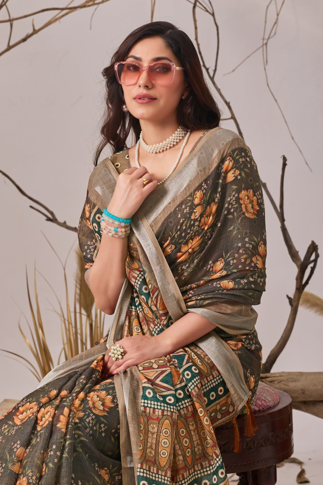 Women's Linen Cotton Saree in Olive Brown with Floral Digital Print
