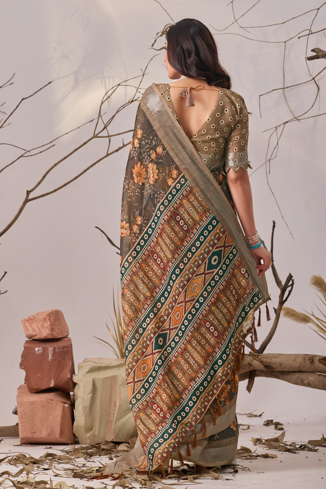 Women's Linen Cotton Saree in Olive Brown with Floral Digital Print