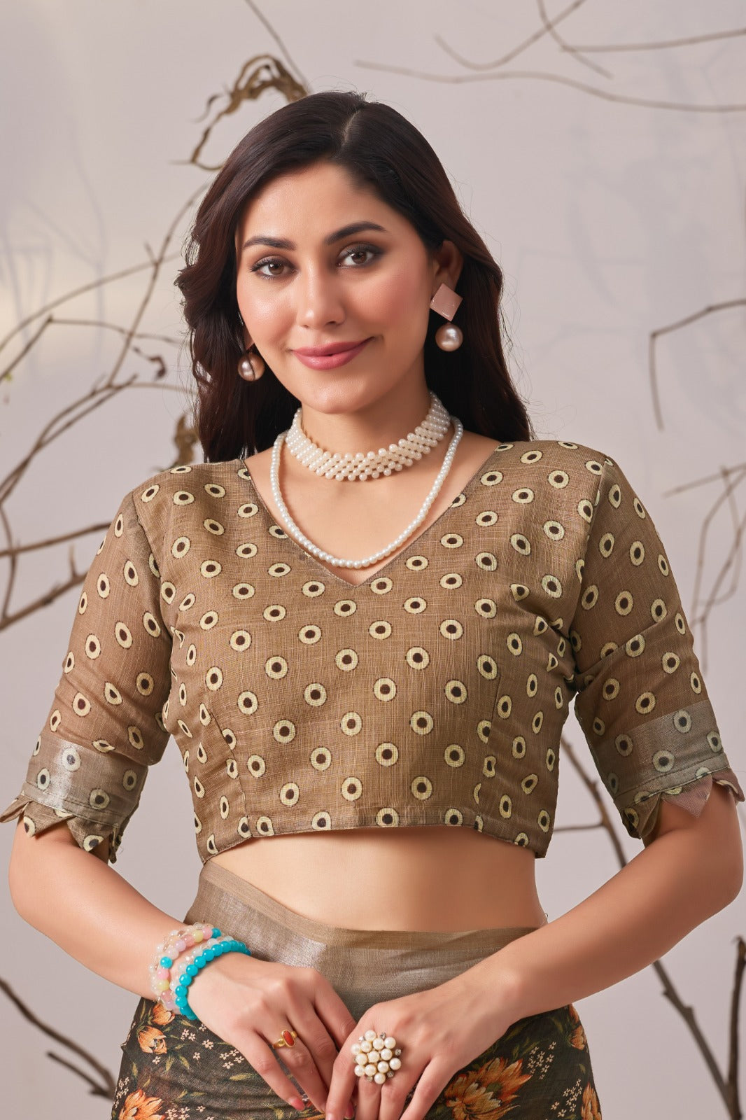 Women's Linen Cotton Saree in Olive Brown with Floral Digital Print