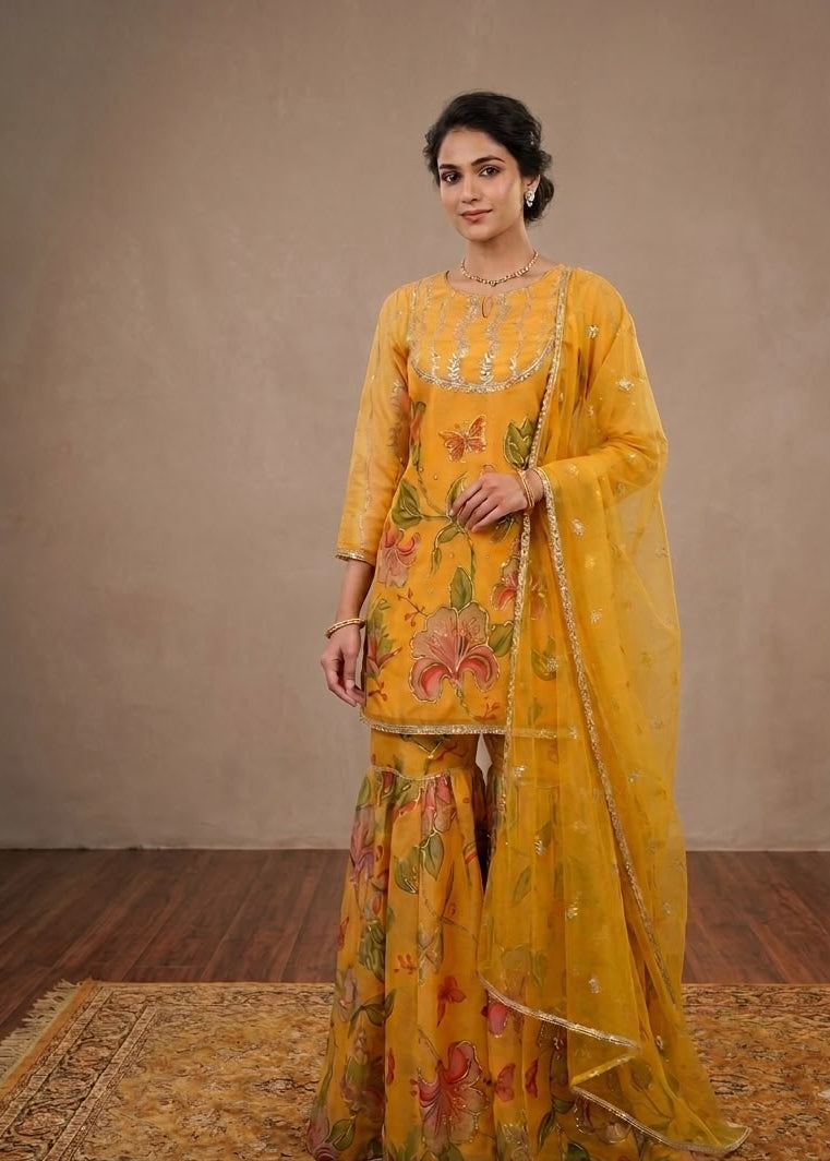 Women's Sharara Suit Set in Mustard Yellow Soft Organza with Sequin Embroidery