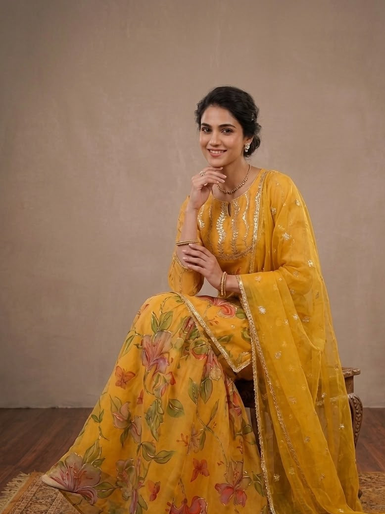 Women's Sharara Suit Set in Mustard Yellow Soft Organza with Sequin Embroidery